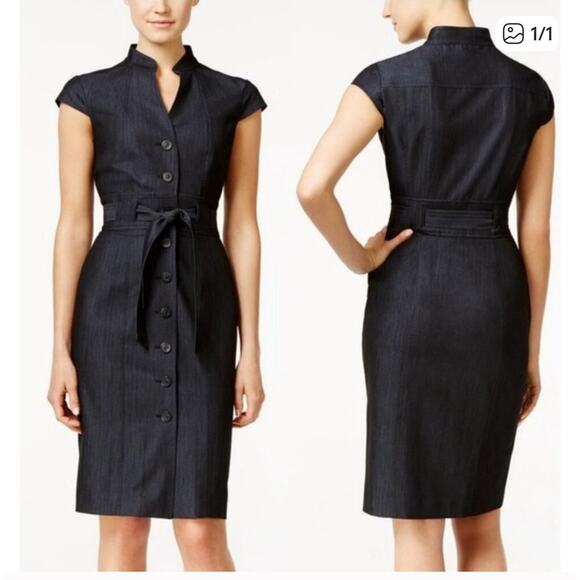 Calvin Klein Dark Blue Button-Front Sheath Midi Dress - Size 4 (MISSING BELT) - Picture 1 of 8